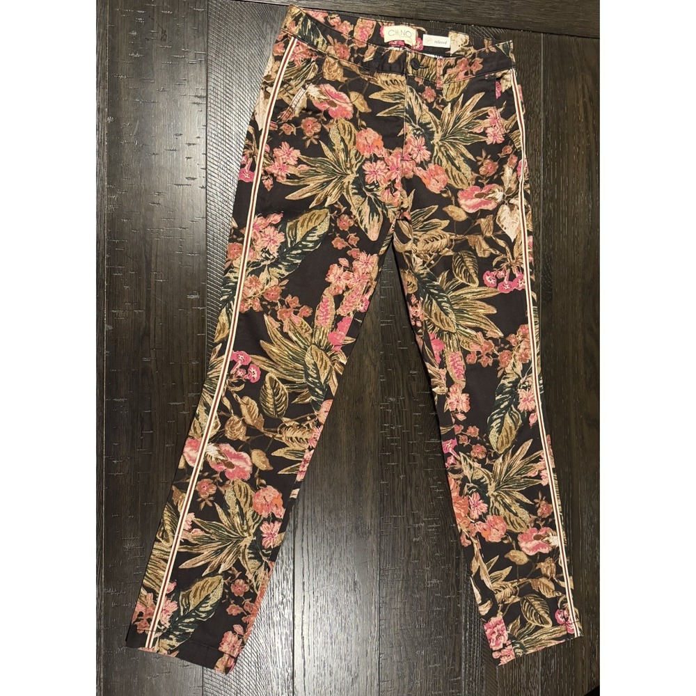 Anthropologie Chino Relaxed Pants Black Floral Print Side Stripe Crop Size 27